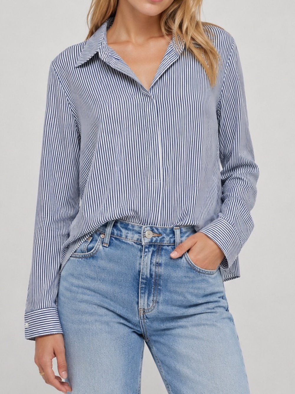 Theory Striped Button Front Blouse Navy And White